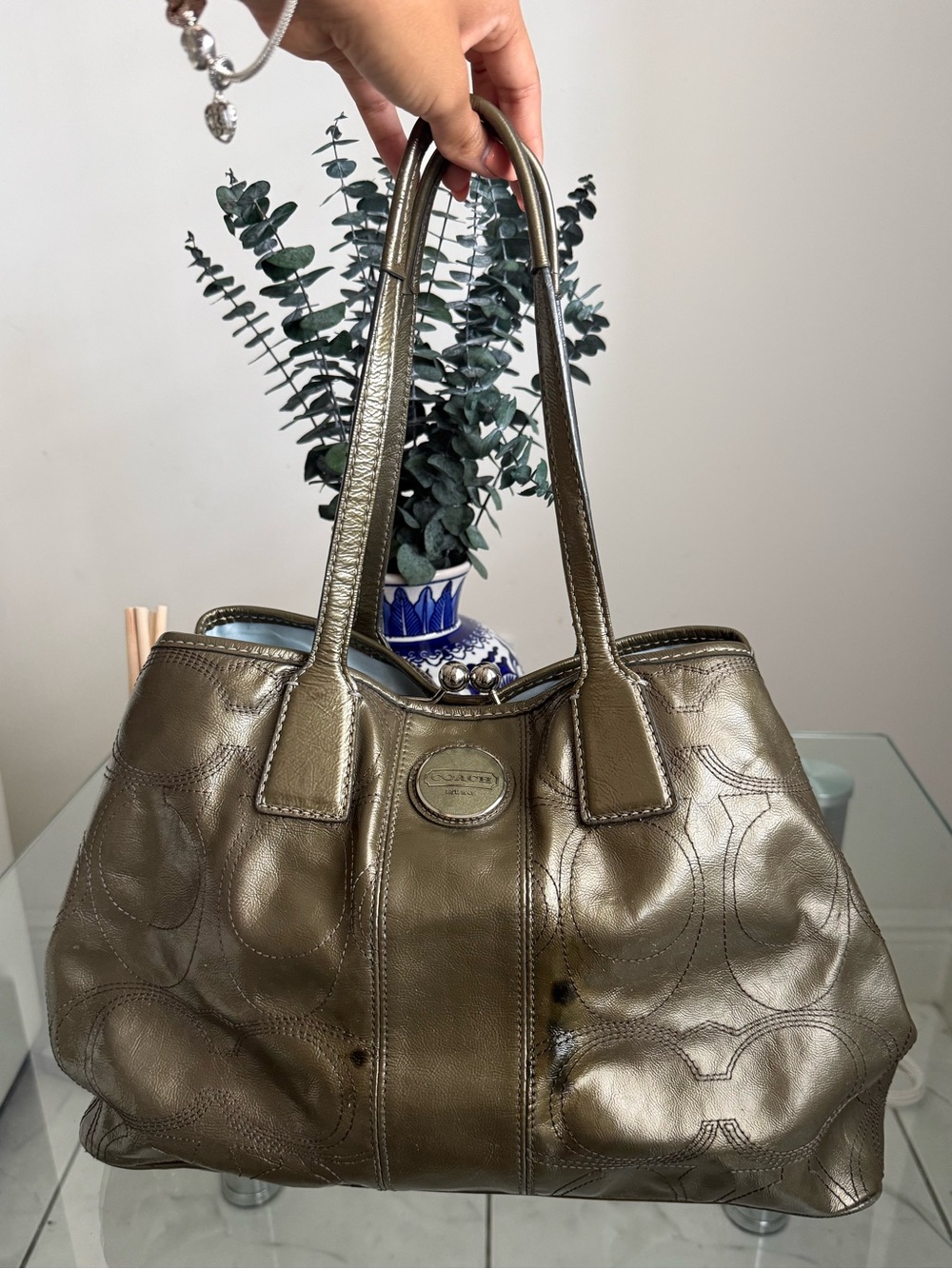 Coach Metallic Olive Green Leather Tote With Kisslock